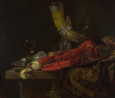 Natura morta con il corno da bere della Gilda degli Arcieri di San Sebastiano, aragosta e bicchieri da Willem Kalf