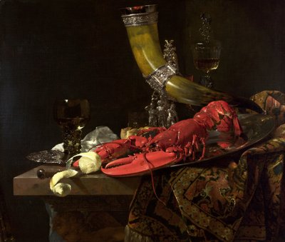 Natura morta con il corno da bere della gilda degli arcieri di San Sebastiano, aragosta e bicchieri da Willem Kalf