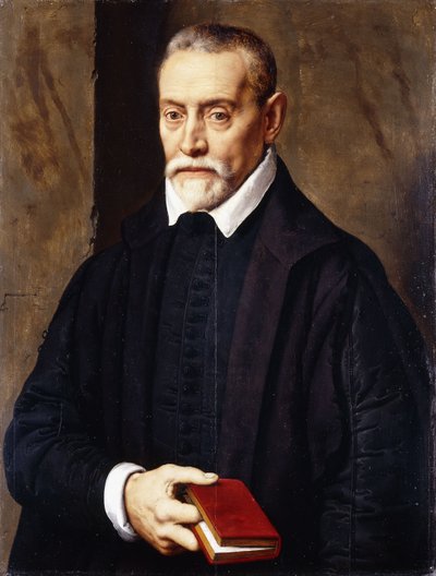 Ritratto di un accademico, a mezzo busto, in costume nero, con un libro da Willem Key