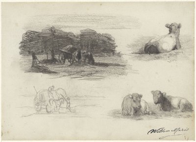 Quattro schizzi di carri di fieno e mucche da Willem Maris