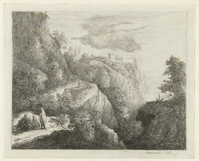 Paesaggio montano con figure in riposo sul lato della strada da Willem Matthias Jan van Dielen