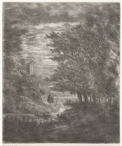 Paesaggio collinare con rovina e barca sull