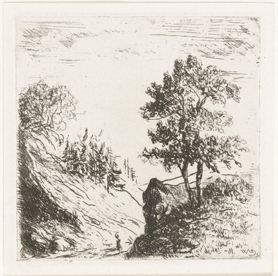 Paesaggio collinare con due alberi su una roccia da Willem Matthias Jan van Dielen