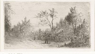 Paesaggio collinare con passeggiatori e cane al margine del bosco da Willem Matthias Jan van Dielen