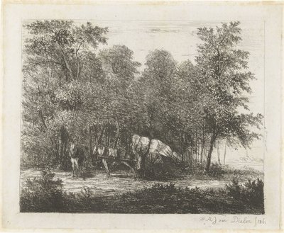 Paesaggio con uomo presso un carro carico e cavallo attaccato da Willem Matthias Jan van Dielen