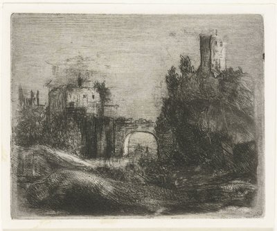 Paesaggio meridionale con porta e torre su roccia da Willem Matthias Jan van Dielen