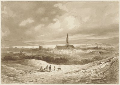 Vista dalle colline su una città vicino a un lago da Willem Pieter Hoevenaar