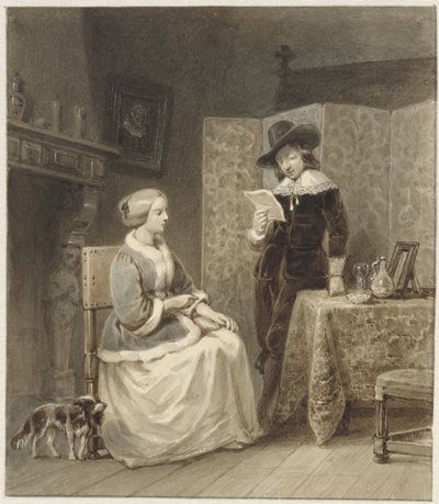 Interno storico con donna seduta e uomo in piedi che legge da Willem Pieter Hoevenaar