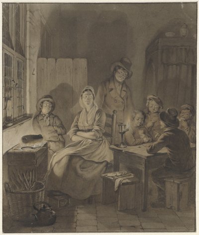 Interno con gruppo di persone intorno a un tavolo alla luce delle candele da Willem Pieter Hoevenaar