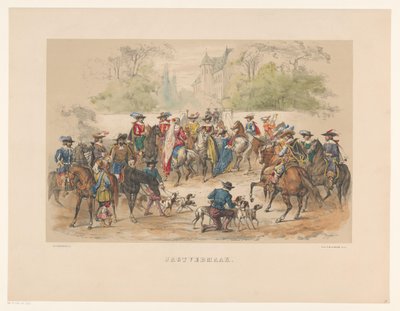 Settimo gruppo della mascherata di Utrecht nel 1856 (Jagtvermaak, serie Ons vaderland omstreeks het midden der 17e eeuw, voorgesteld door H.H. studenten, leden van Mutua Fides, ter viering van het 220jarig bestaan der Utrechtsche Hoogeschool, den 25.) da Willem Pieter Hoevenaar