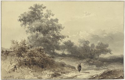 Paesaggio con boschetto e una figura su una strada di campagna da Willem Roelofs (I)