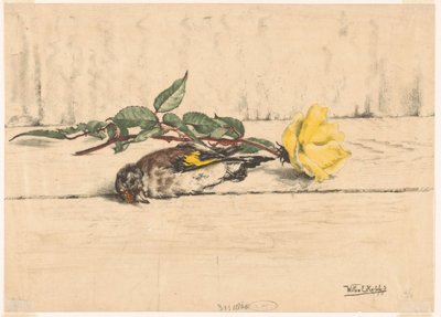 Cardellino morto accanto a una rosa da Willem Roelofs (II) (signed by artist)