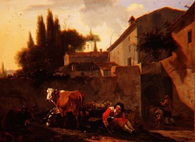 Un pastore e bestiame nel cortile di una fattoria italiana da Willem Romeyn