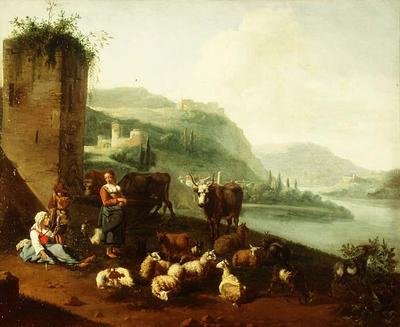 Paesaggio italianeggiante con contadini, bestiame, pecore e capre presso una fontana da Willem Romeyn