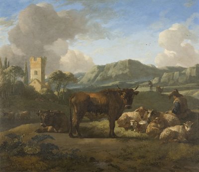 Bovini e pastori in un paesaggio collinare da Willem Romeyn