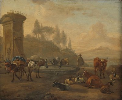 Bestiame presso una fontana da Willem Romeyn