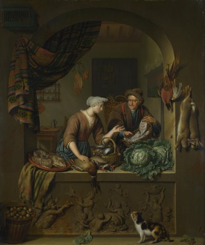 Una donna e un venditore di pesce in una cucina da Willem Van Mieris