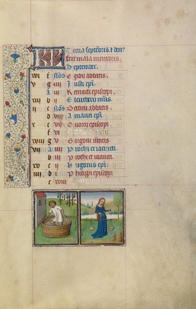 Pagina del calendario di settembre; Fare il vino; Bilancia da Willem Vrelant