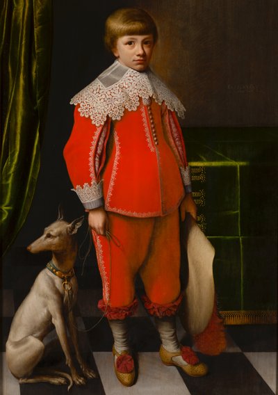 Ritratto di un bambino di otto anni con un Whippet su un pavimento a scacchiera da Willem Willemsz. van der Vliet