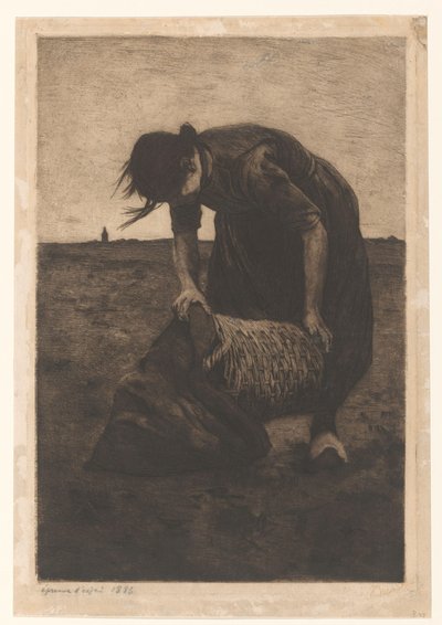 Raccoglitrice di patate piegata in avanti con un cesto e un sacco da Willem Witsen (signed by artist)