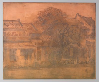Batavia. Case lungo il kali con alberi in mezzo da Willem Arnoldus Witsen