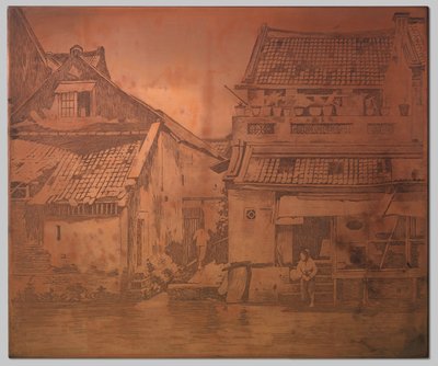 Batavia. Case sul kali, lavandaia sulla scala di una casa a destra da Willem Arnoldus Witsen