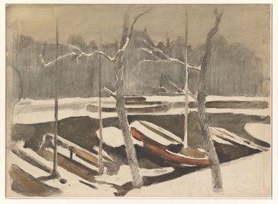 Barche ormeggiate in un canale innevato da Willem Arnoldus Witsen