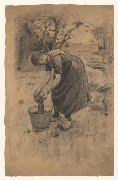 Donna che lava i panni in un secchio, davanti a una fattoria da Willem Arnoldus Witsen