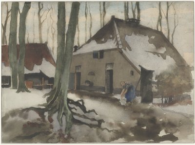 Donna davanti a una casa in un bosco innevato da Willem Arnoldus Witsen