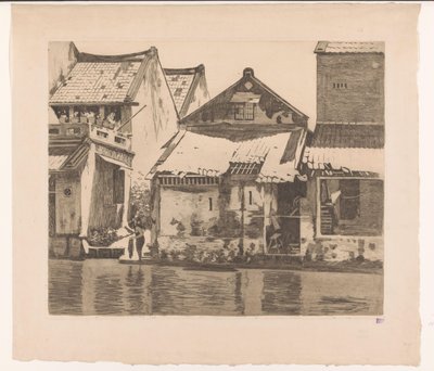 Case lungo un fiume a Batavia con una donna che lava i vestiti da Willem Arnoldus Witsen