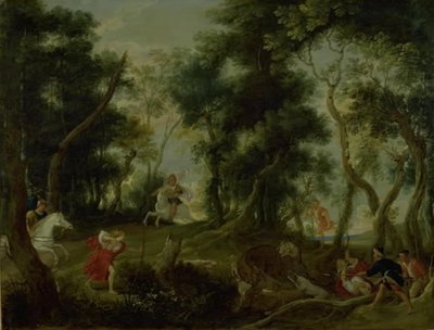 Paesaggio con Atalanta e Meleagro che cacciano il cinghiale calidonio da Willem van Herp