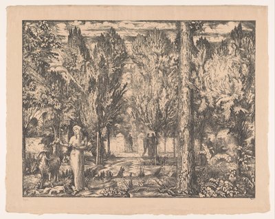 Donna e ariete in giardino recintato da Willem van Konijnenburg (signed by artist)