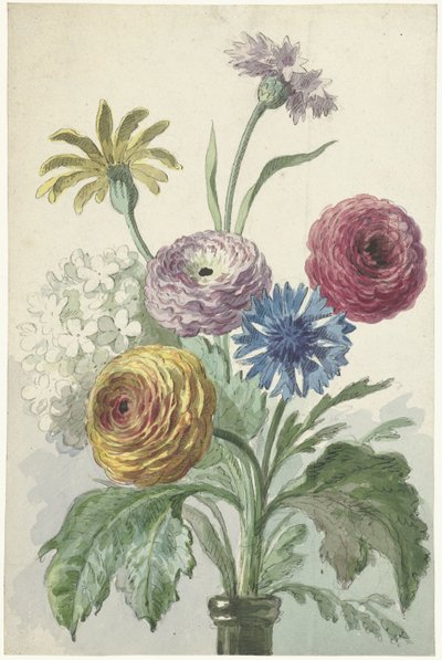 Bouquet di fiori nel collo di un vaso verde da Willem van Leen