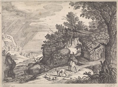 Paesaggio con un uomo di Dio morto, leone e asino da Willem van Nieulandt (II)