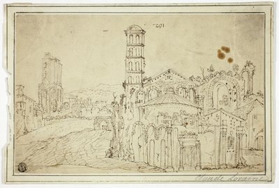 Vista a Roma: Torre della Melisa, rovine della chiesa paleocristiana da Willem van Nieuwlandt II
