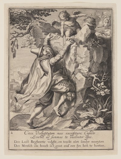 Un giovane che si arrampica su una collina aiutato da Cupido, dall