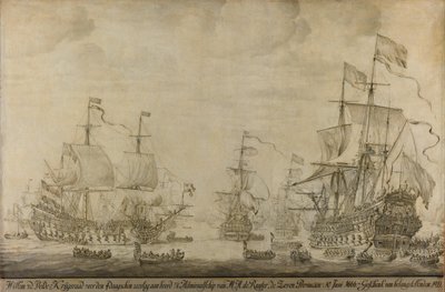 Consiglio di guerra a bordo della nave ammiraglia De Zeven Provinciën di Michiel Adriaensz de Ruyter, 10 giugno 1666, prima della Battaglia dei Quattro Giorni: episodio della Seconda guerra anglo-olandese da Willem van de Velde (I)