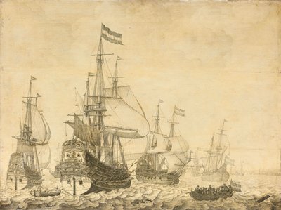 Marina con navi da guerra olandesi tra cui il Drenthe e il Principe Federico Enrico da Willem van de Velde (I)