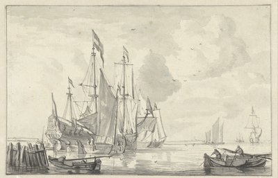 Veduta marina con alcune navi in acque calme vicino alla costa da Willem van de Velde (II)