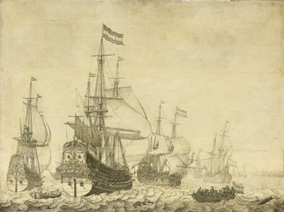 Marina con navi da guerra olandesi tra cui la Drenthe e il Principe Federico Enrico da Willem van de Velde