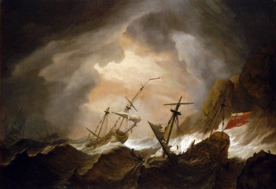 Due navi britanniche naufragano nella tempesta vicino a una costa rocciosa. Olio su tela, intorno al 1700, di Willem van de Velde (1633-1707). da Willem van de Velde the Younger