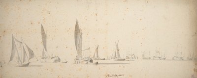 Una tochtschuit, wijdschips e waterschips con una leggera brezza da Willem van de the Elder Velde