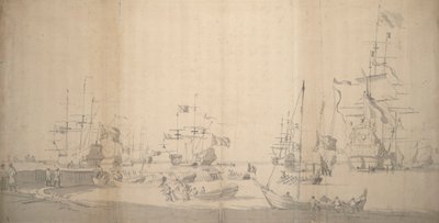 Una weyschuit tirata a riva in un porto affollato, c.1672 da Willem van de the Elder Velde