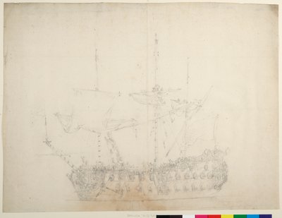 Una nave inglese di terza classe da 60 cannoni vista da vicino sulla prua di babordo da Willem van de the Elder Velde