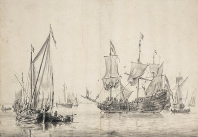 Barche a vela e una fregata olandese che asciuga le vele. Disegno e lavaggio di William van de Velde l