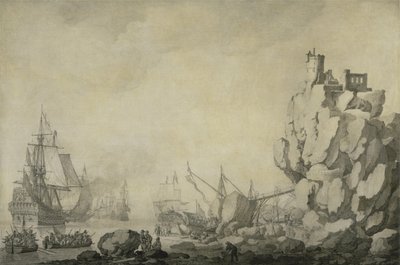 Navi e milizia su una costa rocciosa da Willem van de the Elder Velde