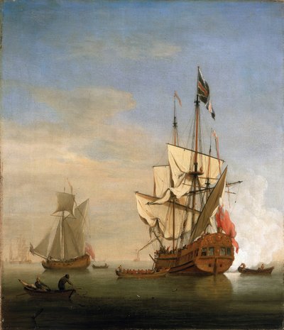 Una nave di sesta classe, una piccola nave da guerra britannica, che spara il cannone in saluto da Willem van de Velde the Younger
