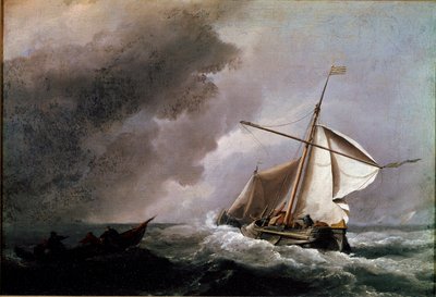 Nave olandese che abbassa le vele in attesa di una scialuppa di salvataggio. Dipinto di Willem Van de Velde il giovane da Willem van de Velde the Younger