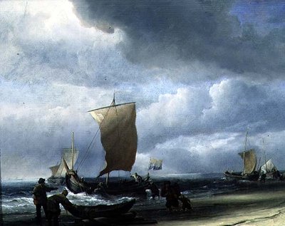 Barche da pesca che arrivano a riva da Willem van de Velde the Younger