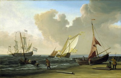 Barca da pesca che tira le reti sulla spiaggia al vento, sulla costa olandese da Willem van de Velde the Younger